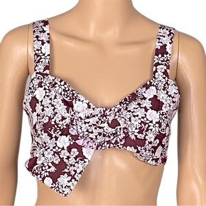 ZARA burgundy and white floral bralette/crop top with large buckle. Small. EUC